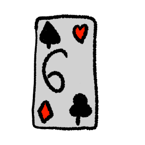 black outlines, a card with a black spade in the top left corner, red heart in the top right, red diamond in the bottom left, black club in the bottom right and a black 6 in the middle